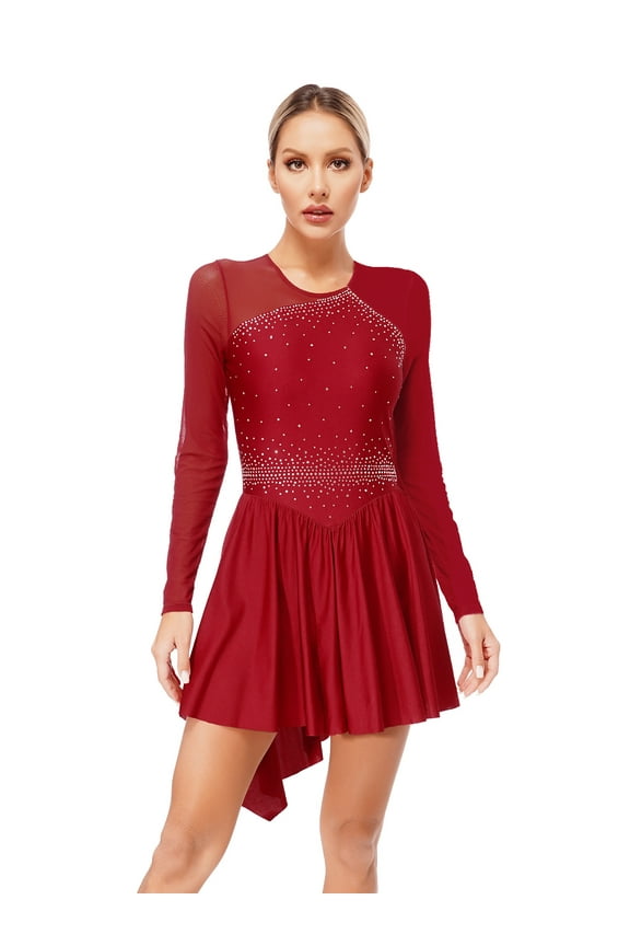 Women Rhinestone Figure Ice Skating Performance Dress Long Sleeve Ballet Skirted Leotard Dress Burgundy S
