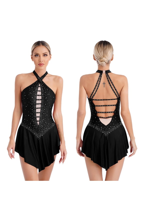 Women Halter Neck Gymnastics Leotard Sleeveless Ballet Dance Dress Performance Costume Black XL