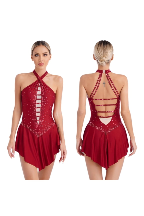 Women Halter Neck Gymnastics Leotard Sleeveless Ballet Dance Dress Performance Costume Burgundy XL