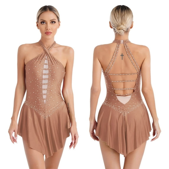 Aislor Women Halter Neck Gymnastics Leotard Sleeveless Ballet Dance Dress Performance Costume Dusty Pink S