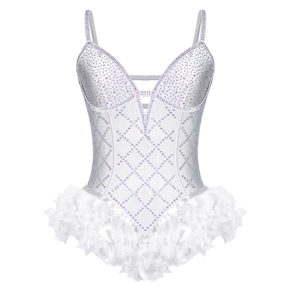 Aislor Women Rhinestones Feather Dacne Leotard Sleeveless Ballet Unitard Cocktail Party Dress Stage Wear White L