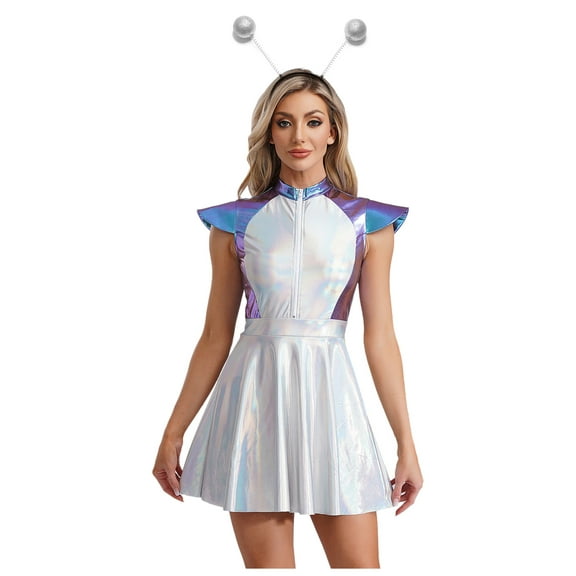 Aislor Women Robot Alien Cosplay Costume Metallic Outer Space Man Outfit A-line Dress with Headwear Blue L