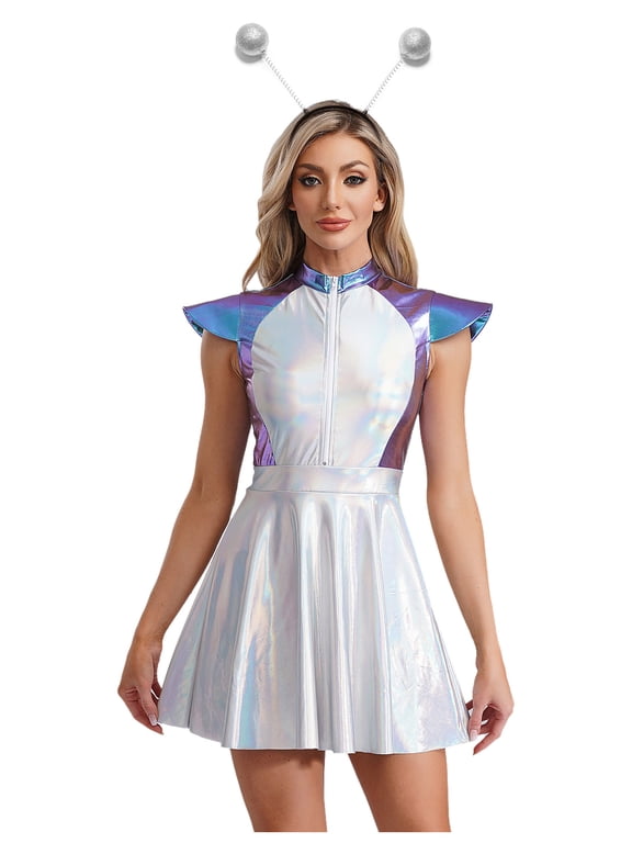 Women Robot Alien Cosplay Costume Metallic Outer Space Man Outfit A-line Dress with Headwear Blue L