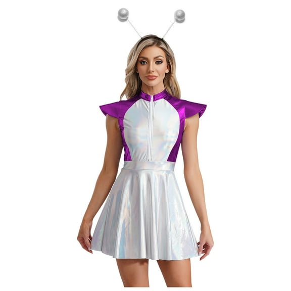 Aislor Women Robot Alien Cosplay Costume Metallic Outer Space Man Outfit A-line Dress with Headwear Purple XL