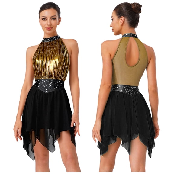 Aislor Women Ruched Metallic Mesh Lyrical Dance Dress Irregular Ballet Leotard Modern Contemporary Black S