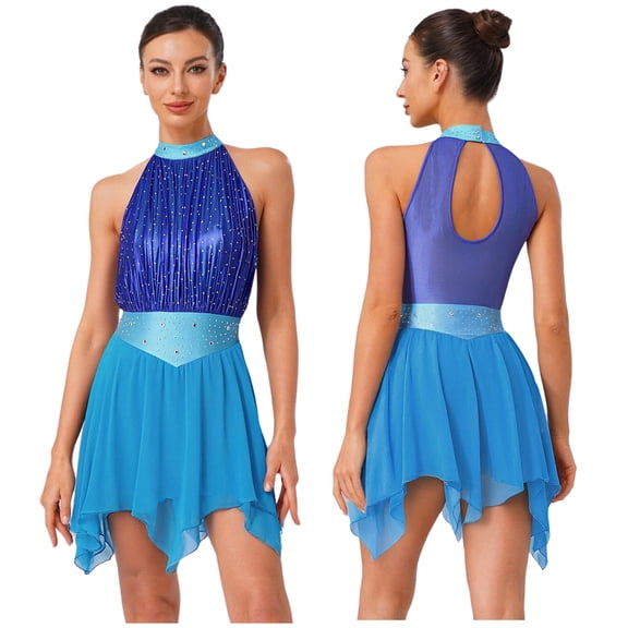 Aislor Women Ruched Metallic Mesh Lyrical Dance Dress Irregular Ballet Leotard Modern Contemporary Blue XL