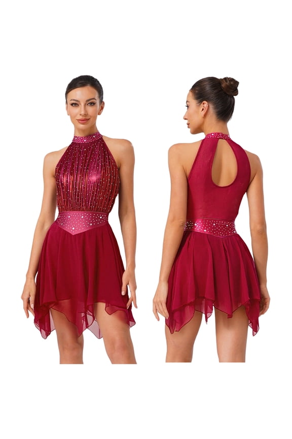 Women Ruched Metallic Mesh Lyrical Dance Dress Irregular Ballet Leotard Modern Contemporary Burgundy S