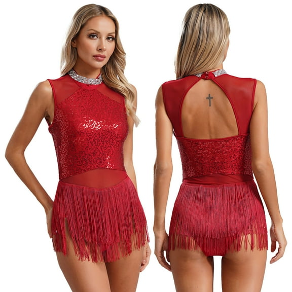 Aislor Women Sequin Latin Jazz Dance Leotard Fringe Rumba Cha-cha Samba Tango Performance Burgundy L