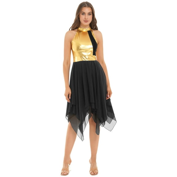 Aislor Women Sleeveless Color Block Lyrical Dance Costume Chiffon Hem Shiny Praise Dance Tunic Dress Black S
