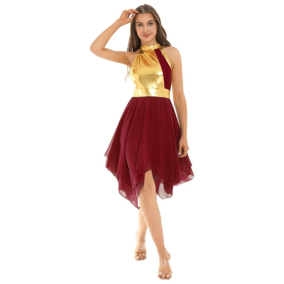 Aislor Women Sleeveless Color Block Lyrical Dance Costume Chiffon Hem Shiny Praise Dance Tunic Dress Burgundy S