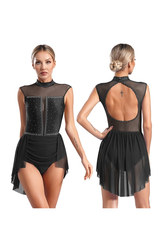 Women Sleeveless Figure Ice Skating Ballet Dance Leotard Lyrical Dress Black S