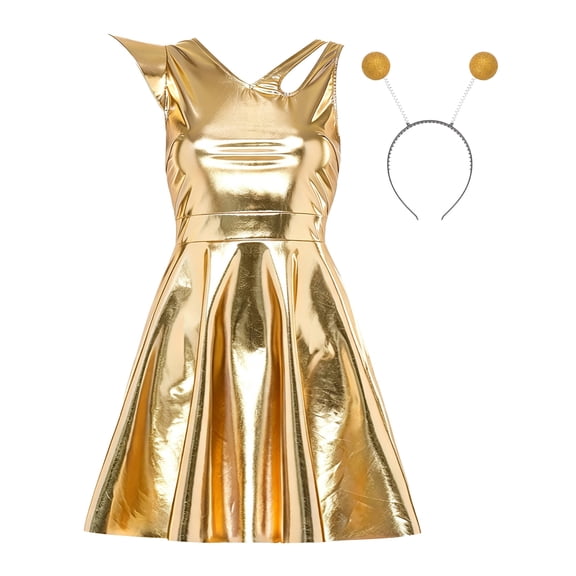 Aislor Women Space Alien Fancy Dress with Headwear Ball Halloween Party Gold XXL