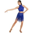 thumbnail image 1 of Aislor Women's 2 Piece Salsa Samba Ballroom Latin Dance Outfits Shiny Crop Top with Fringe Skirt Blue M, 1 of 7