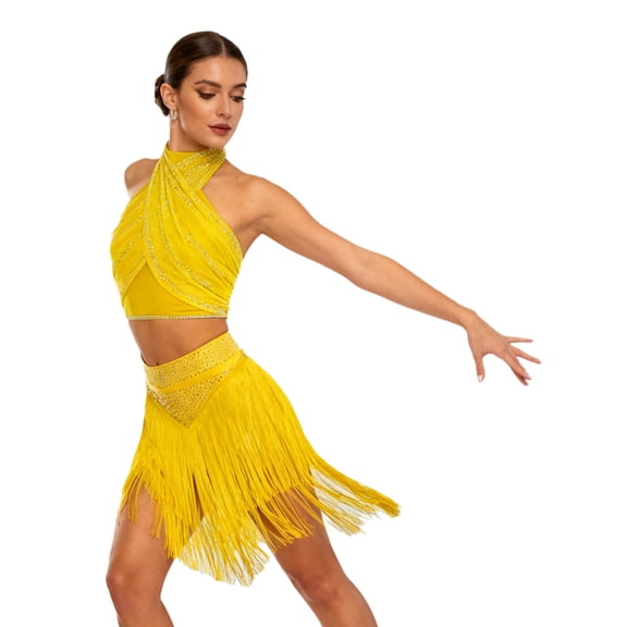 Aislor Women's 2 Piece Salsa Samba Ballroom Latin Dance Outfits Shiny Crop Top with Fringe Skirt Yellow XL