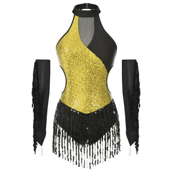 Aislor Women's 2 Piece Salsa Samba Latin Dance Costume Sequin Bodysuit Tops with Fringe Gloves Gold S