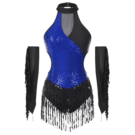 Aislor Women's 2 Piece Salsa Samba Latin Dance Costume Sequin Bodysuit Tops with Fringe Gloves Royal Blue XXL