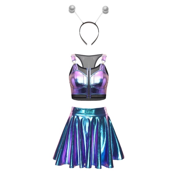 Aislor Women's 3 Piece Holographic Shiny Crop Top Mini Skirt Headband Outfits Themed Party Blue L