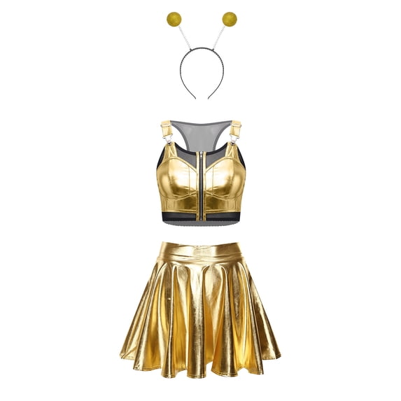 Aislor Women's 3 Piece Holographic Shiny Crop Top Mini Skirt Headband Outfits Themed Party Gold S
