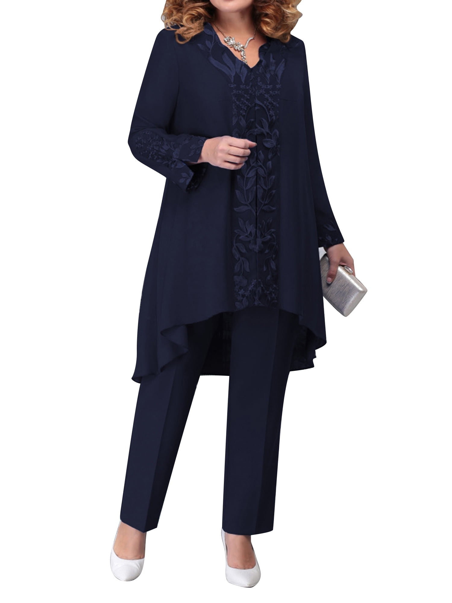 Aislor Women s 3 Pieces Mother of The Bride Dress Pant Suits with Jacket for Cocktail Party Formal Outfit A Navy Blue L