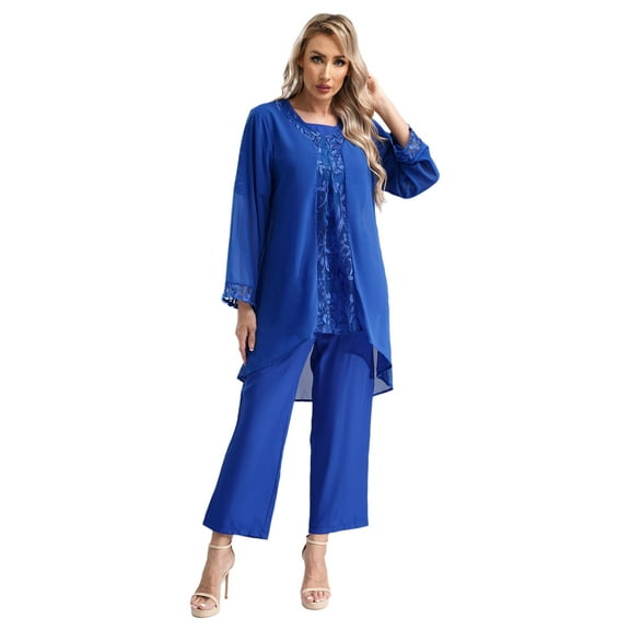 Aislor Women's 3 Pieces Mother of The Bride Dress Pant Suits with Jacket for Cocktail Party Formal Outfit Blue L