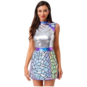 Aislor Women's Alien Astronaut Fly Sleeve Metallic Shiny Dress Galaxy Traveler Space Warrior Costume Silver L