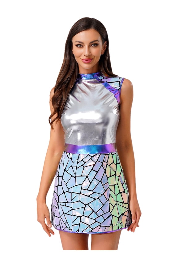 Women's Alien Astronaut Fly Sleeve Metallic Shiny Dress Galaxy Traveler Space Warrior Costume Silver M