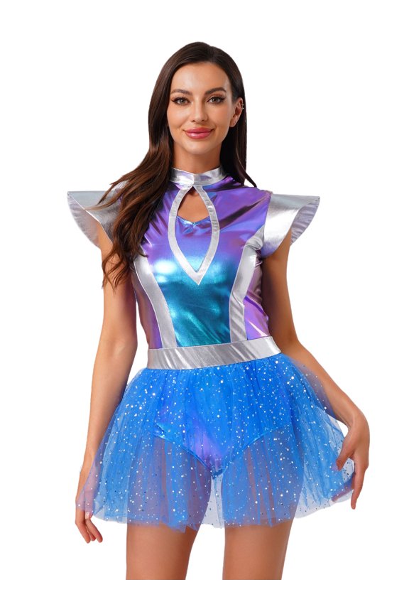 Women's Alien Cosplay Dress Shiny Metallic Patchwork Fly Sleeve for Halloween Themed Parties Blue M