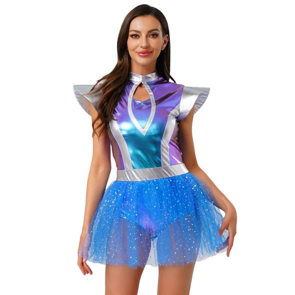 Aislor Women's Alien Cosplay Dress Shiny Metallic Patchwork Fly Sleeve for Halloween Themed Parties Blue XL