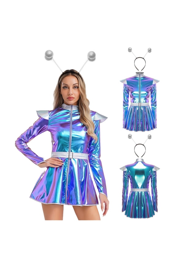 Women's Alien Cosplay Dress with Hair Hoop Astronaut Long Sleeve Shiny A-line Halloween Blue S
