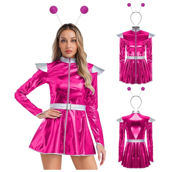 Aislor Women's Alien Cosplay Dress with Hair Hoop Astronaut Long Sleeve Shiny A-line Halloween Hot Pink XL