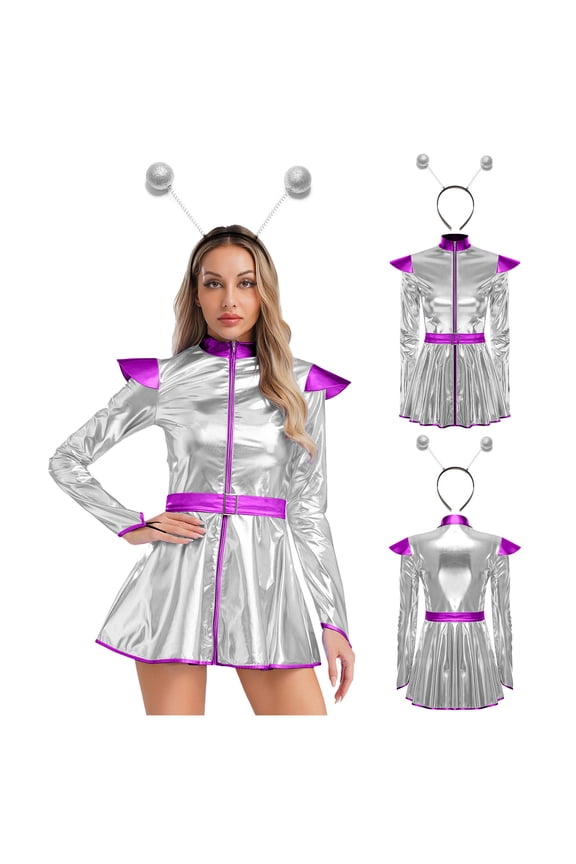 Women's Alien Cosplay Dress with Hair Hoop Astronaut Long Sleeve Shiny A-line Halloween Silver S