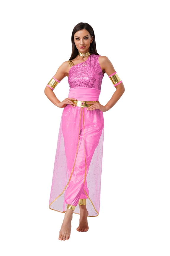 Women's Arabian Princess Belly Dance Costume Gem Decor Shiny Tulle Overlay Jumpsuit for Party Hot Pink 3XL