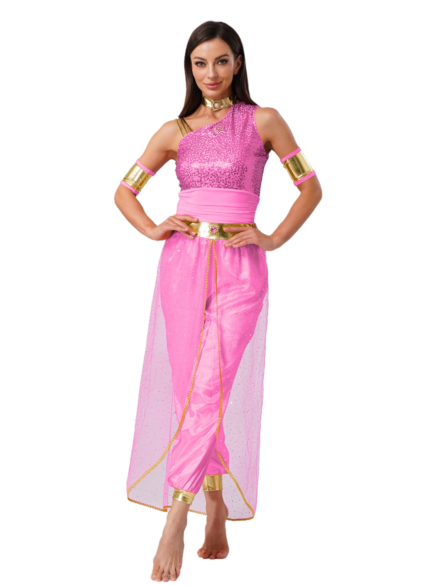 Aislor Women's Arabian Princess Belly Dance Costume Gem Decor Shiny Tulle Overlay Jumpsuit for Party Hot Pink 4XL