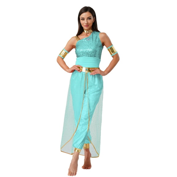Aislor Women's Arabian Princess Belly Dance Costume Gem Decor Shiny Tulle Overlay Jumpsuit for Party Mint Green L