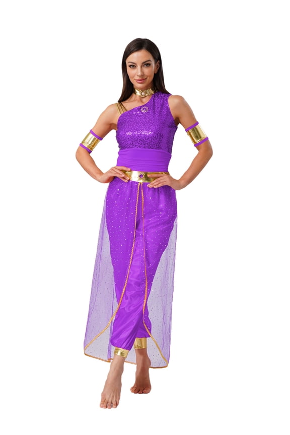 Women's Arabian Princess Belly Dance Costume Gem Decor Shiny Tulle Overlay Jumpsuit for Party Purple 3XL