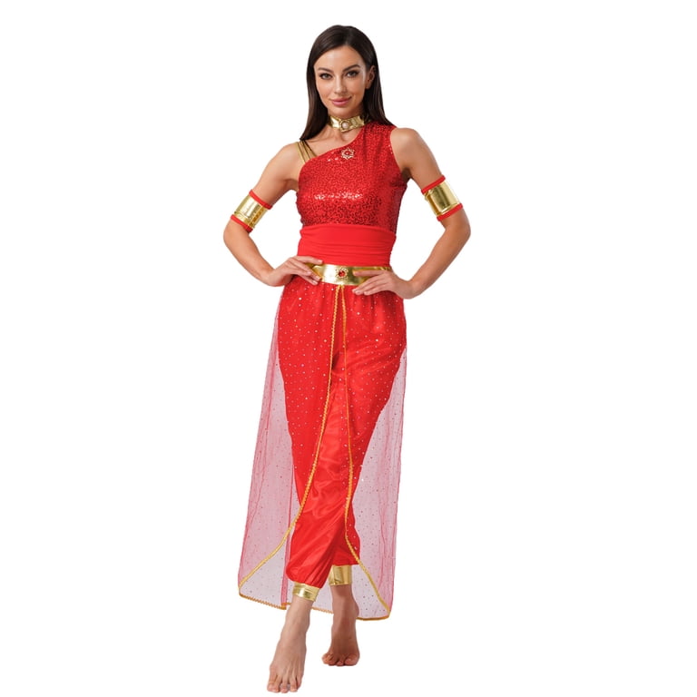 women's light pink arabian dance dress Aislor Women's Arabian Princess Belly Dance Costume Gem Decor Shiny Tulle Overlay Jumpsuit for Party Hot Pink L