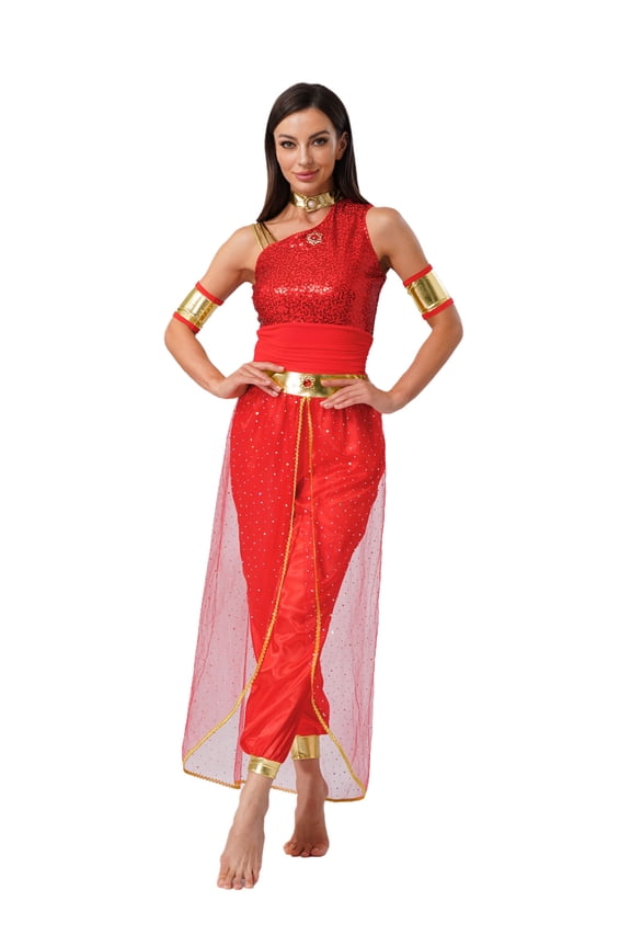 Women's Arabian Princess Belly Dance Costume Gem Decor Shiny Tulle Overlay Jumpsuit for Party Red M