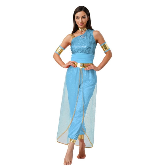 Aislor Women's Arabian Princess Belly Dance Costume Gem Decor Shiny Tulle Overlay Jumpsuit for Party Sky Blue 4XL