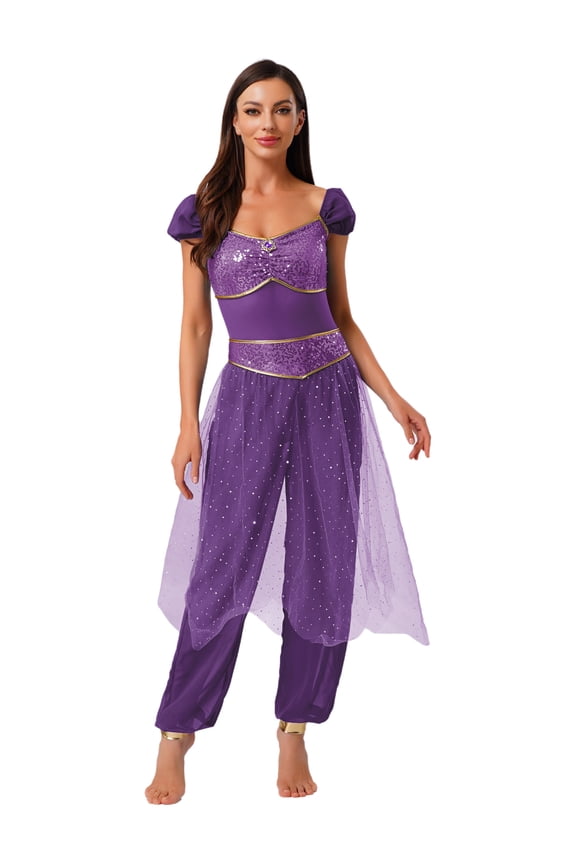 Women's Arabian Princess Sequin Belly Dance Halloween Jumpsuits with Tulle Party Purple XL