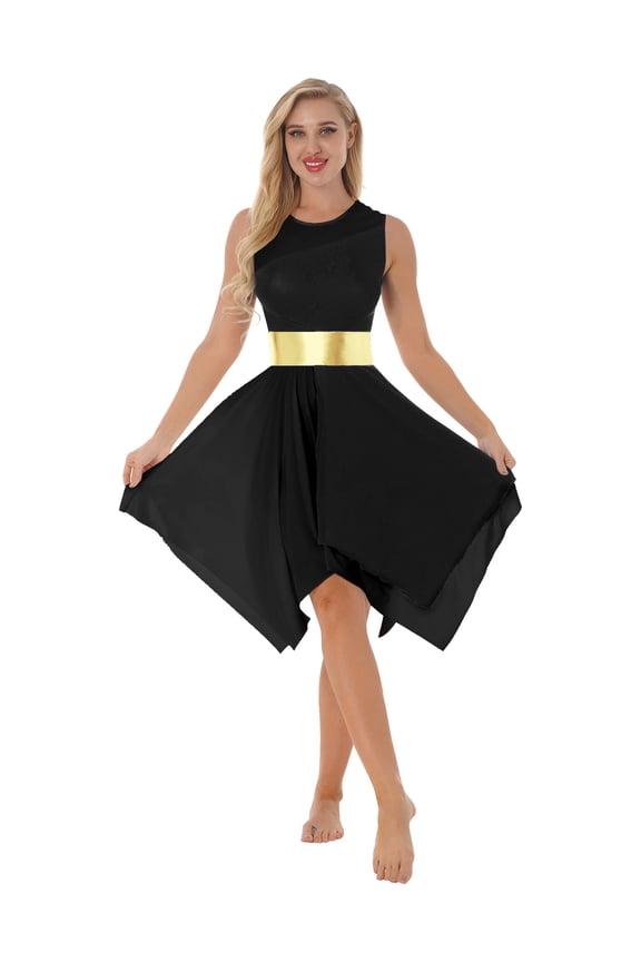 Women's Asymmetrical Liturgical Praise Dance Dress Tunic Sleeveless Color Block Lyrical Costume Black S