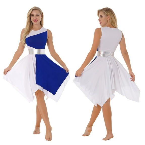 Aislor Women's Asymmetrical Liturgical Praise Dance Dress Tunic Sleeveless Color Block Lyrical Costume Blue S