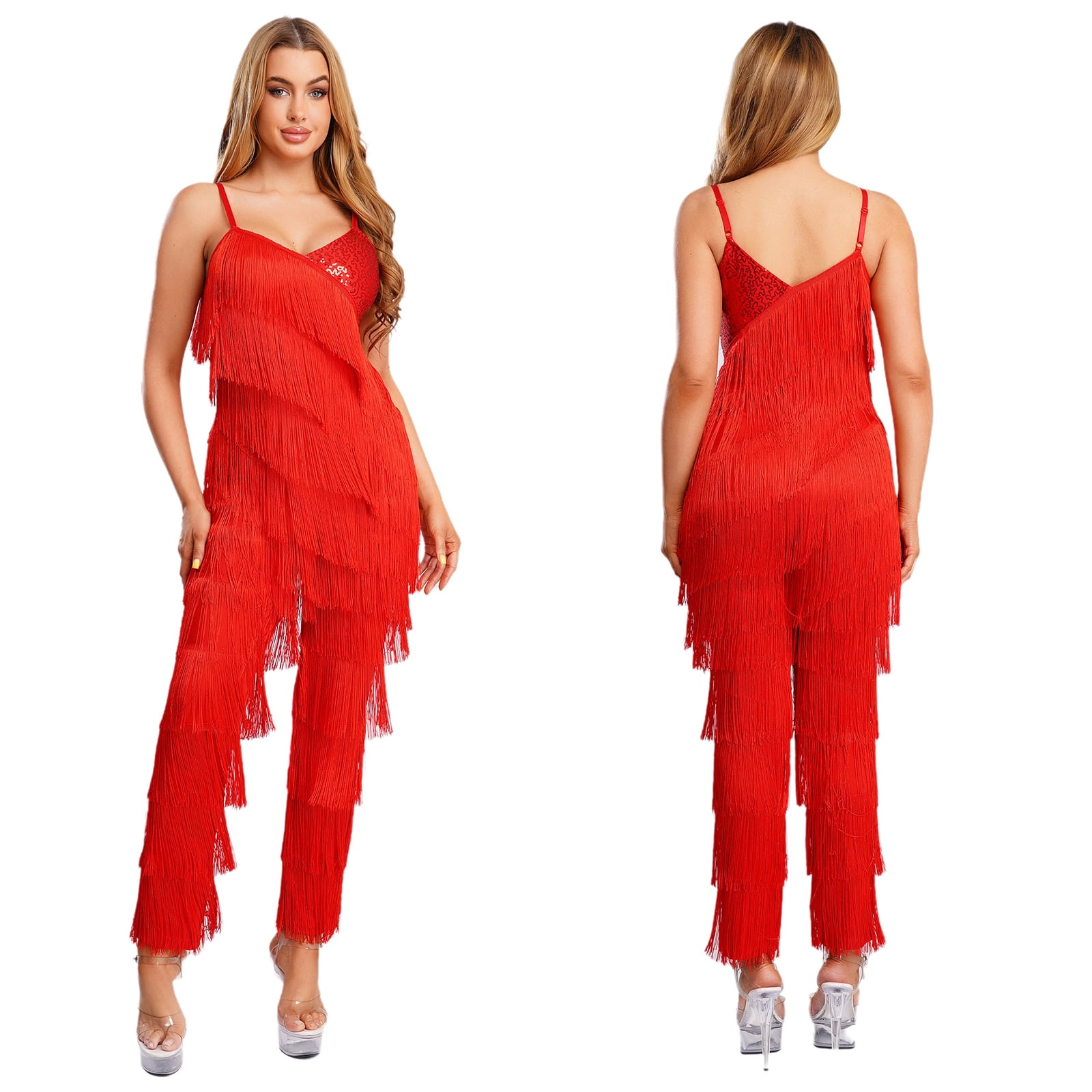 Aislor Women's Ballroom Latin Tango Shiny Sequin Tassel Cami Romper ...