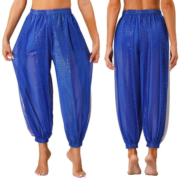 Aislor Women's Belly Dance Bloomers Trousers Sequins Dots Chiffon Pants Party Club Wear Royal Blue One Size