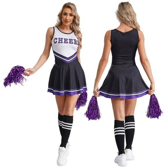 Aislor Women's Cheer Leader Costumes Cosplay Halloween Outfits Dress with Pom Poms Socks Dark Purple M