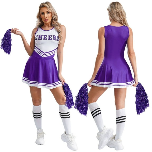 Aislor Women's Cheer Leader Costumes Cosplay Halloween Outfits Dress with Pom Poms Socks Purple XL