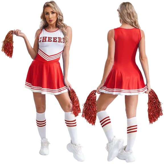 Aislor Women's Cheer Leader Costumes Cosplay Halloween Outfits Dress with Pom Poms Socks Red XL