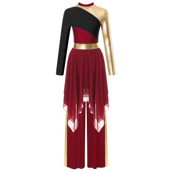 Aislor Women's Color Block Irregular Liturgical Praise Dance Dress with Wide Leg Pants Set Lyrical Dancewear Costume Burgundy XL