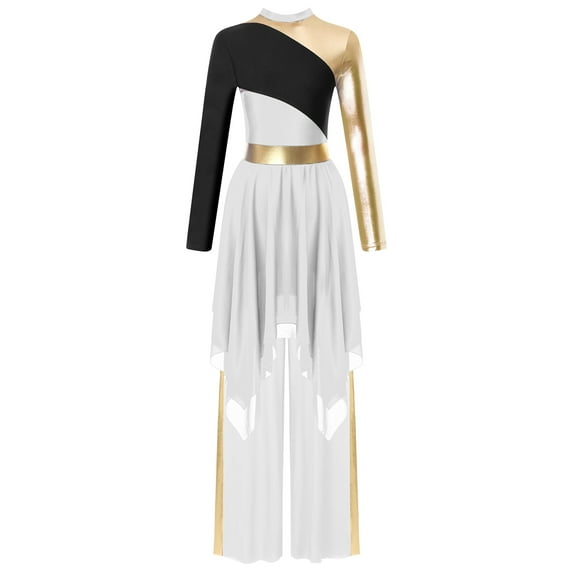 Aislor Women's Color Block Irregular Liturgical Praise Dance Dress with Wide Leg Pants Set Lyrical Dancewear Costume White S