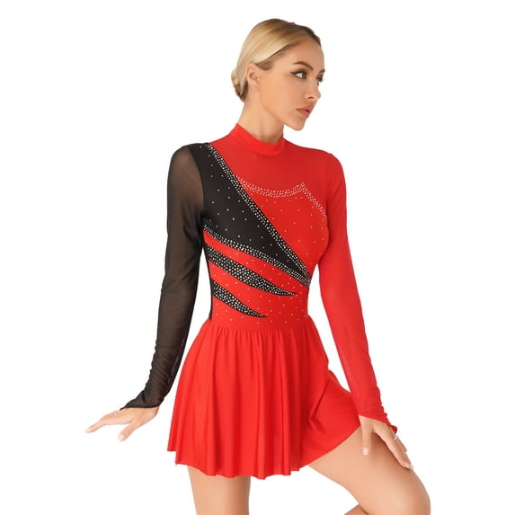 Aislor Women's Figure Ice Skating Dress Long Sleeve Shiny Rhinestones Color Block Lyrical Dress Dancewear A Red XXL