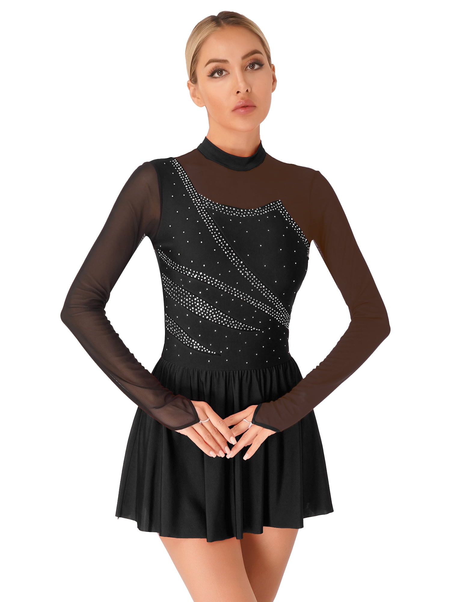Aislor Women's Figure Ice Skating Dress Long Sleeve Shiny Rhinestones Color  Block Lyrical Dress Dancewear Black S - Walmart.com